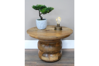 Side Table - Rustic Carved Mango Wood Circular Design