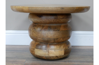 Side Table - Rustic Carved Mango Wood Circular Design