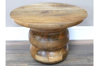 Side Table - Rustic Carved Mango Wood Circular Design