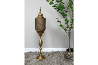 Freestanding Moroccan Style Bronzed Gold Lantern Candle Holder