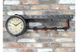 Wall Shelf With Clock & Hooks - Industrial Style with Map Design