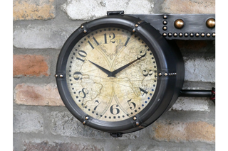 Wall Shelf With Clock & Hooks - Industrial Style with Map Design