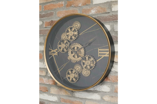 Large Black Gold Industrial Retro Metal Wall Clock with Moving Cogs Gears