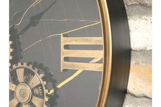 Large Black Gold Industrial Retro Metal Wall Clock with Moving Cogs Gears