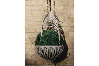 Large Hanging Basket, French Cream Ornate, Wrought Iron
