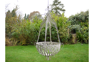Large Hanging Basket, French Cream Ornate, Wrought Iron