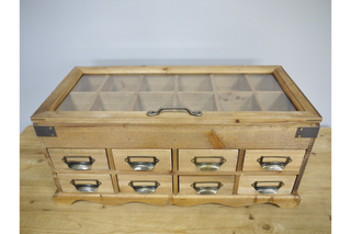 Glass Top Display Unit. Apothecary Style Drawers, Rustic Storage.
