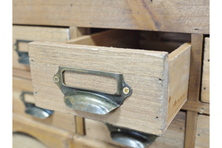 Glass Top Display Unit. Apothecary Style Drawers, Rustic Storage.