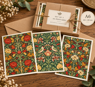 Set of 12 A6 Botanical Postcards – 3 Vintage Floral Designs, William Morris
