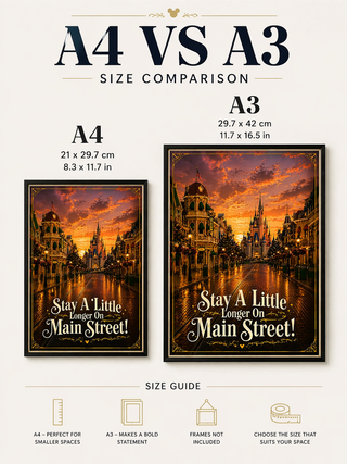 Disneyland Paris Print, Stay A Little Longer on Main Street Poster, A4 A3 Wall Art, Inspired Gift Travel Poster