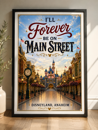 Framed poster of Disneyland's Main Street with castle in the background