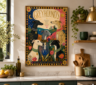 Decorative poster of greyhounds in a kitchen setting with plants and shelves.