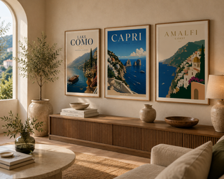 Living room with scenic wall art of Lake Como, Capri, and Amalfi Coast.