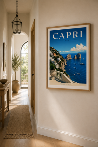 Framed 'Capri' poster on a wall in a home interior.