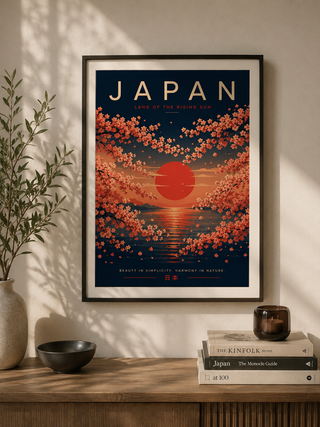 Framed poster of Japan with cherry blossoms and a sunset on a wall above a wooden shelf.