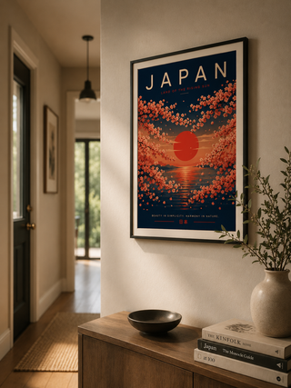 Framed 'Japan' poster on a wall with books and a vase on a wooden side table.