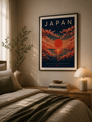 Poster of Japan with cherry blossoms and a sunset in a bedroom setting.