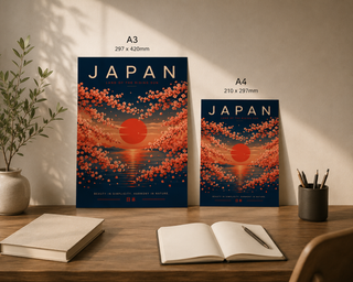Two 'Japan' themed posters on a desk with books and a pen holder.