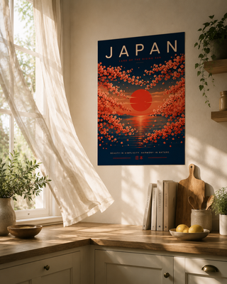 Poster of Japan with cherry blossoms and a sunset hanging on a wall in a room with a window and plants.