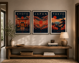 Japan Poster Set of 3 | Tokyo Kyoto Sakura Japandi Wall Art Prints | Japanese Travel Posters | A4 & A3