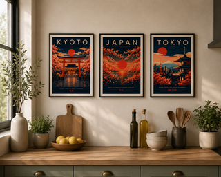 Japan Poster Set of 3 | Tokyo Kyoto Sakura Japandi Wall Art Prints | Japanese Travel Posters | A4 & A3