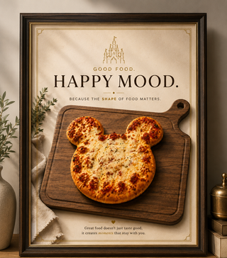 Framed picture of a pizza shaped like Mickey Mouse ears on a wooden board with decorative text.