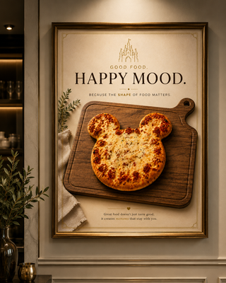 Framed poster with a pizza shaped like Mickey Mouse ears on a wooden board, featuring the text 'Good food happy mood.'
