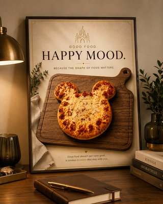Pizza shaped like Mickey Mouse ears on a wooden board with 'Happy Mood' poster in a room setting.
