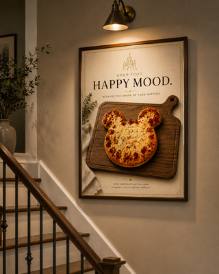 Framed poster with pizza in a Mickey Mouse shape on a wall above a staircase.