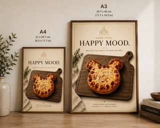 Two framed prints of a pizza with a castle design on a wooden board, labeled A3 and A4, on a light-colored wall.