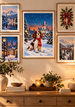 Christmas Springer Spaniel Print, Fairytale Castle Wall Art