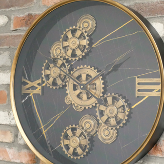 Large Black Gold Industrial Retro Metal Wall Clock with Moving Cogs Gears