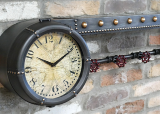 Wall Shelf With Clock & Hooks - Industrial Style with Map Design