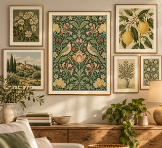William Morris Style Botanical Print, Floral Bird Green Decor