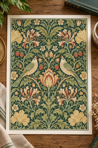 William Morris Style Botanical Print, Floral Bird Green Decor