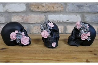 Set Of 3 Skulls with flowers - Halloween Ornament image 0