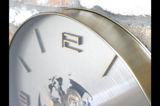 Wall Clock With Moving Cogs, Silver Map Design