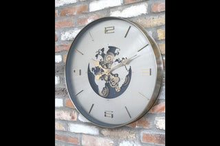 Wall Clock With Moving Cogs, Silver Map Design