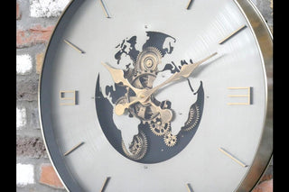 Wall Clock With Moving Cogs, Silver Map Design