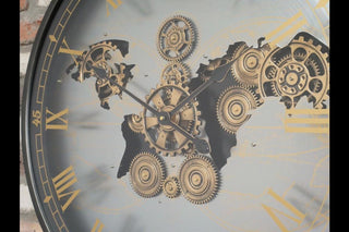 Wall Clock With Moving Cogs, Silver Map Design, Black Frame