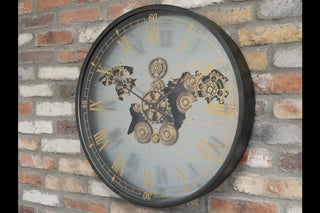 Wall Clock With Moving Cogs, Silver Map Design, Black Frame