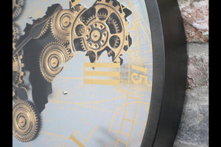 Wall Clock With Moving Cogs, Silver Map Design, Black Frame