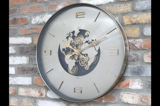 Wall Clock With Moving Cogs, Silver Map Design