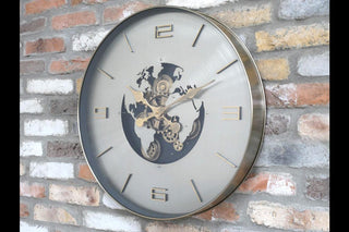 Wall Clock With Moving Cogs, Silver Map Design