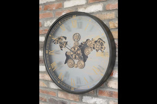 Wall Clock With Moving Cogs, Silver Map Design, Black Frame