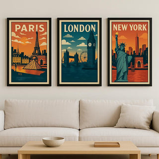 Vintage Travel Poster Set | Paris, London, New York | A4 A3 Art Prints
