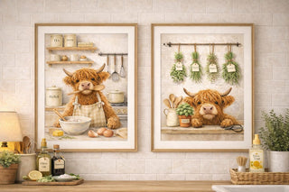Highland Cow Kitchen Prints Set | Farmhouse Cottage Wall Art, A4 A3