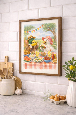 Whimsical Duck Picnic Print | Cottage Kitchen A4 Wall Art