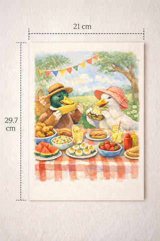 Whimsical Duck Picnic Print | Cottage Kitchen A4 Wall Art