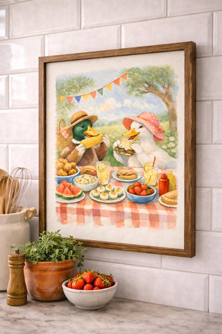 Whimsical Duck Picnic Print | Cottage Kitchen A4 Wall Art